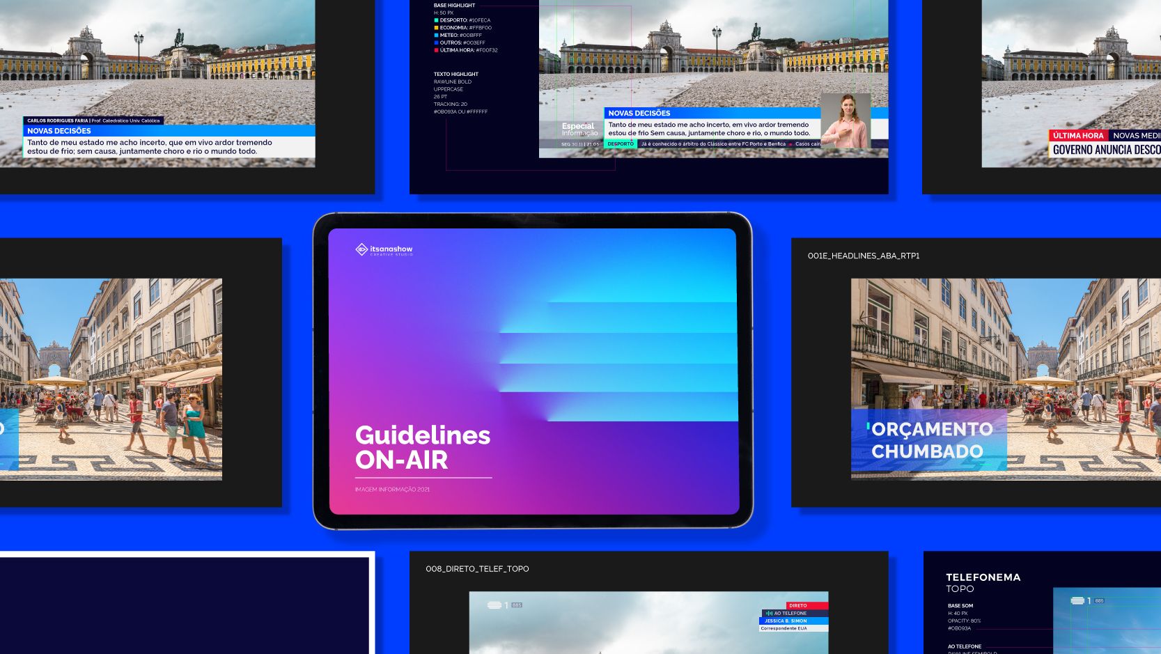 Brand guidelines overview for RTP’s on-air graphics system, showcasing the visual identity and broadcast design standards developed by Itsanashow Studio.