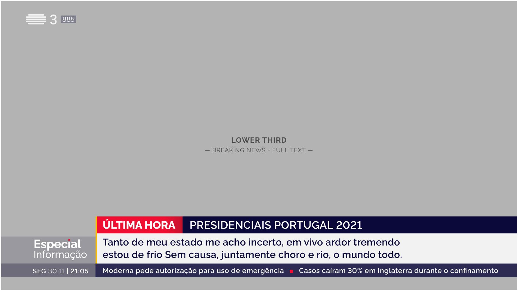 Full-width breaking news lower-third for RTP, displaying urgent updates with extended text, developed as part of the on-air graphics system.