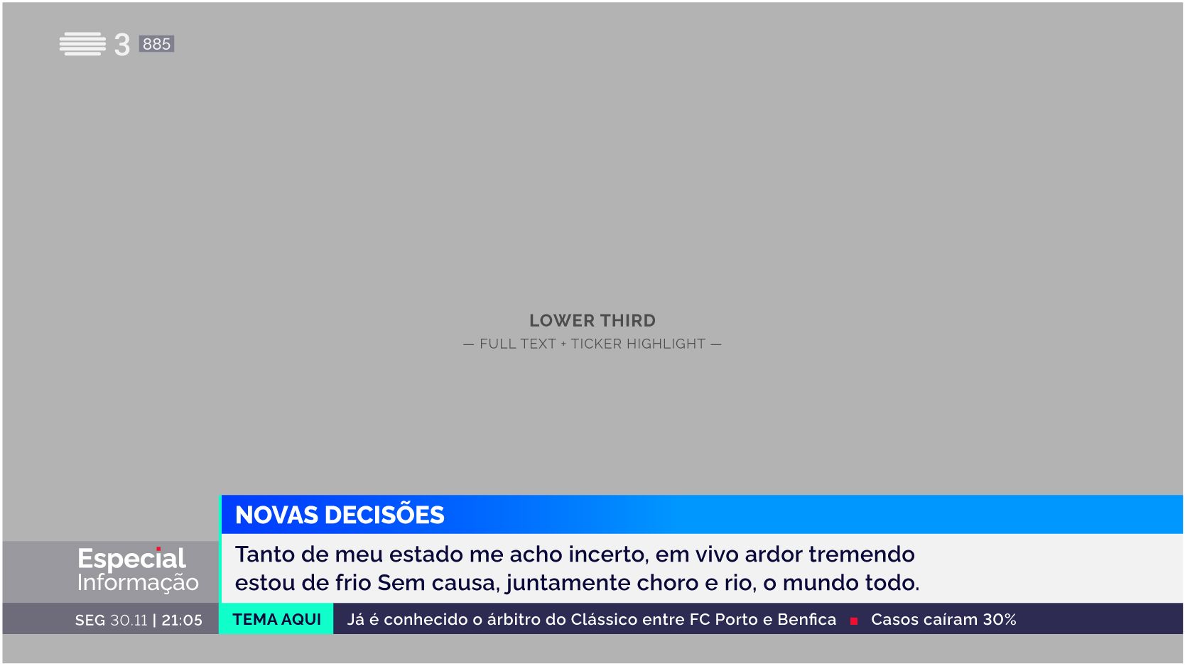 Full lower-third layout designed for RTP, combining title bar, body text, ticker highlight, and program anchor — part of a comprehensive on-air graphics system.