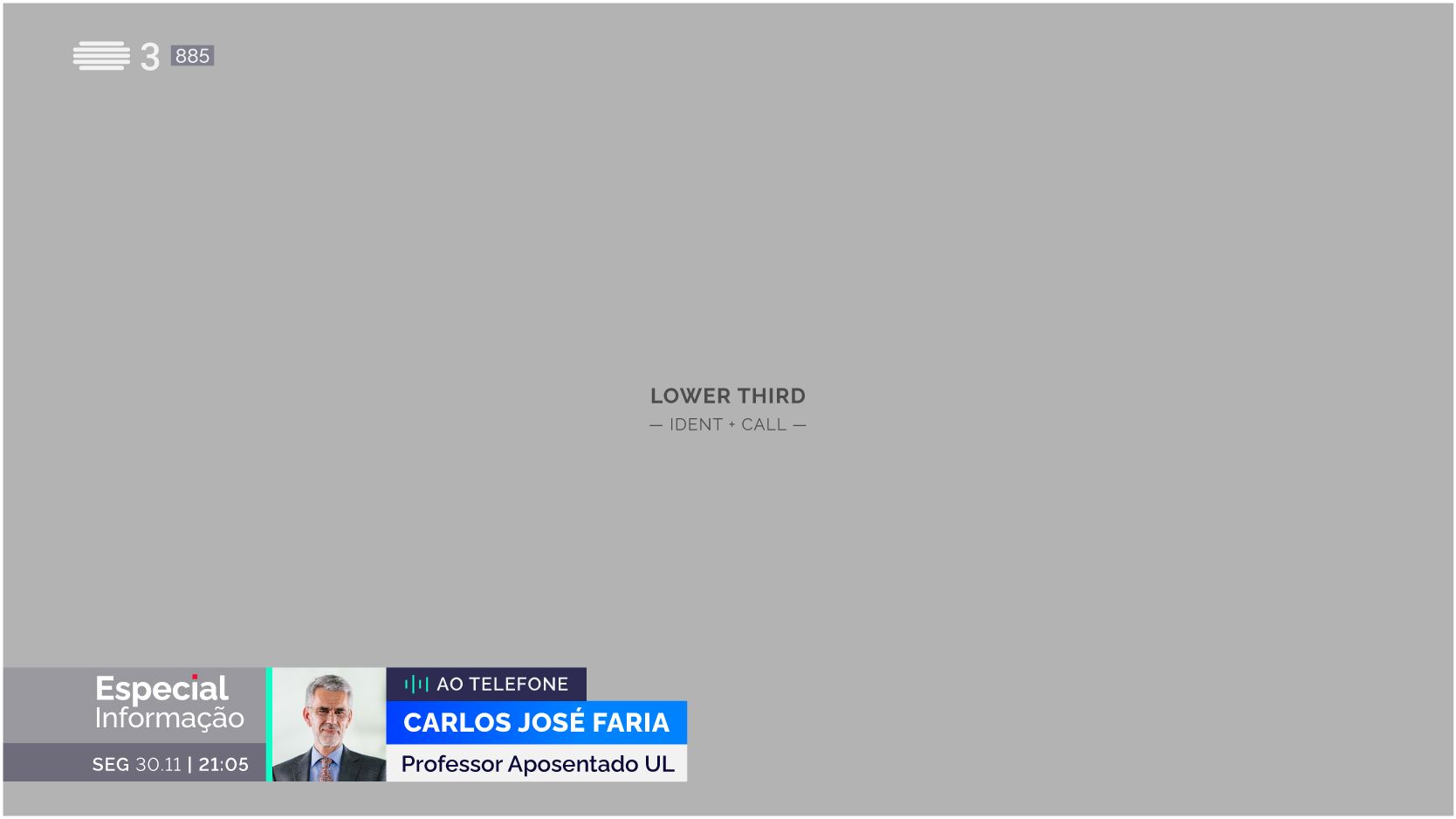 Lower-third layout for speaker identification and phone commentary during RTP news programs, with name and title integration.
