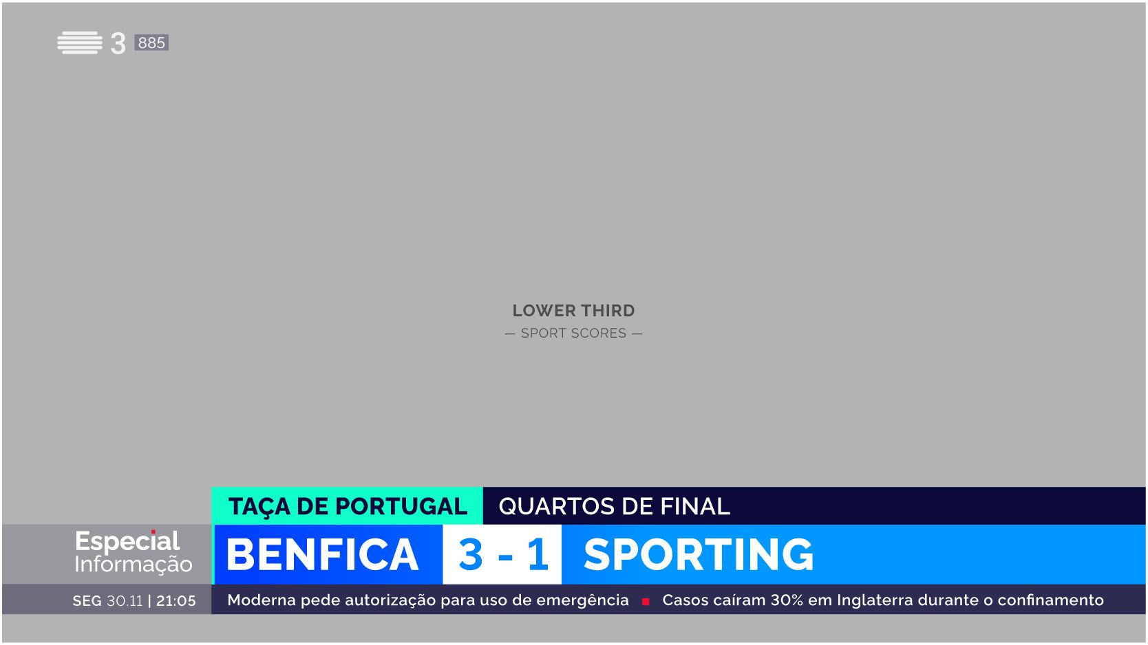Sports score lower-third graphic developed for RTP, designed for clarity, contrast, and dynamic match result presentation.