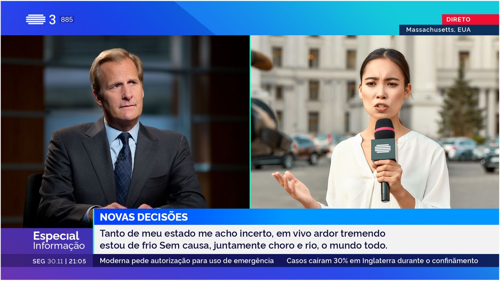 Split-screen graphic for RTP news, showing anchor and live field reporter with synchronized motion language and branded lower-thirds.