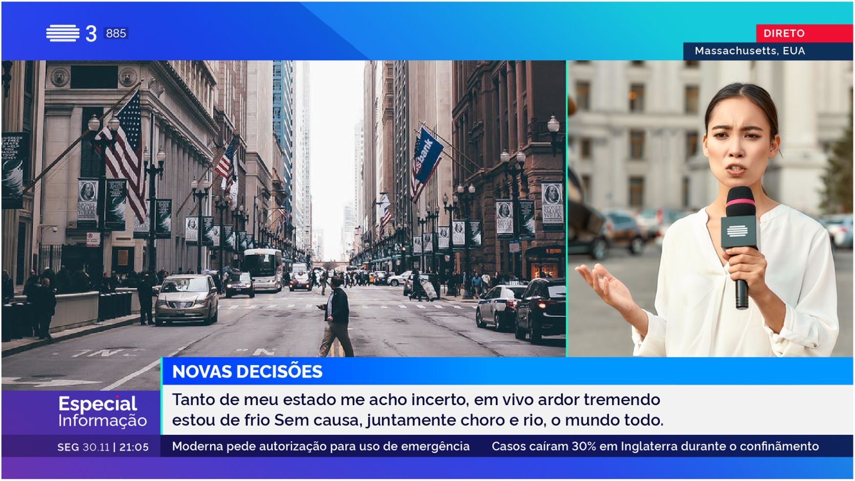 Split-screen broadcast layout with reporter and supporting visual footage, designed for RTP’s on-air graphics system to enhance storytelling and viewer clarity.